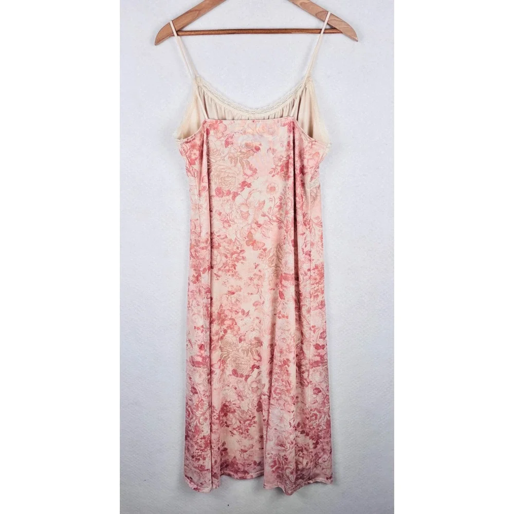 Pink Rose L Floral Maxi Slip Dress Pink Lace Trim Y2K Coquette Cottagecore